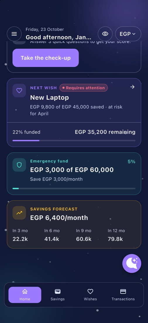 Home screen showing the next wish, emergency fund and savings forecast