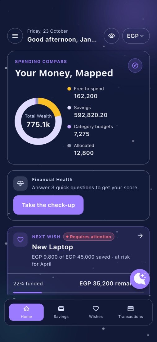 Savenova home screen: Spending Compass with total wealth, free to spend, savings and category budgets