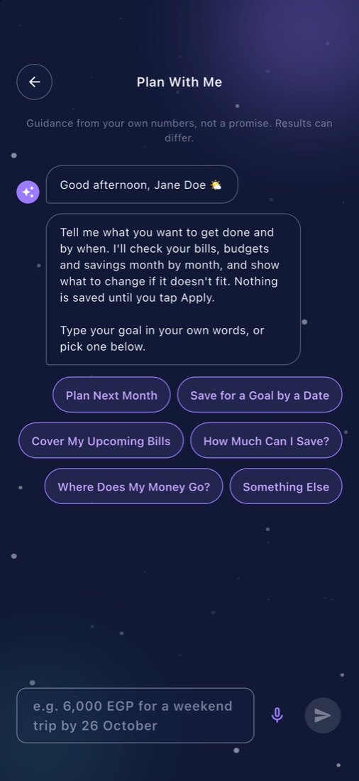 Plan With Me chat with quick options like Plan Next Month and Cover My Upcoming Bills