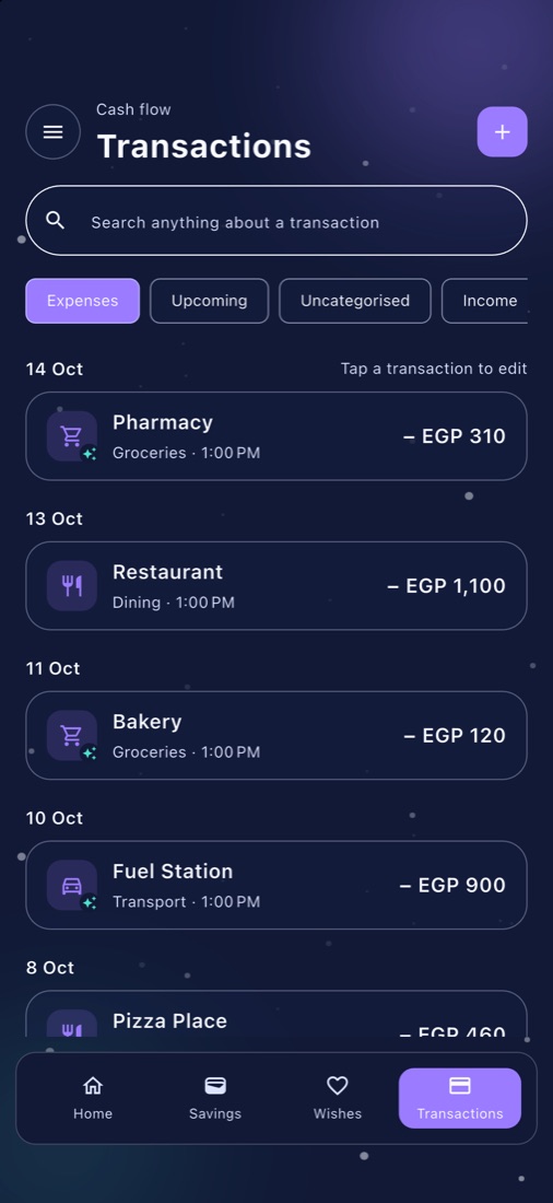 Transactions list with payments logged from bank messages