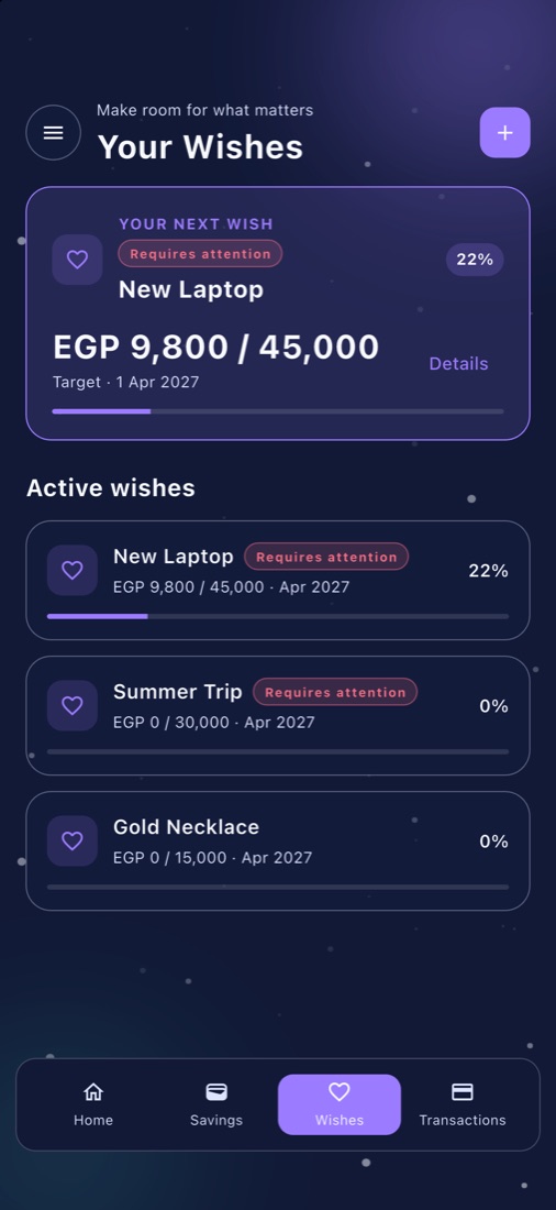 Wishes screen with a laptop, a summer trip and a gold necklace